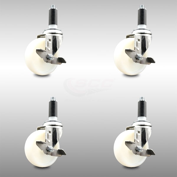 4 Inch 316SS Nylon Wheel Swivel 1 Inch Expanding Stem Caster Set Brake SCC